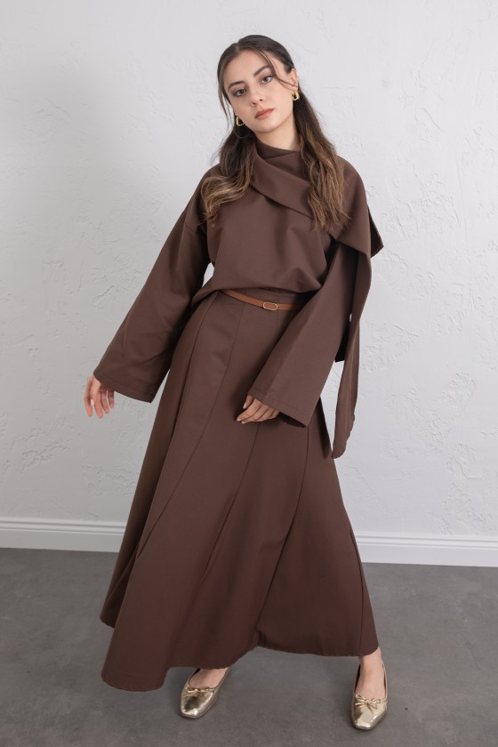 Şal Yaka Eteği Parçalı Takım 266013 - KAHVERENGİ