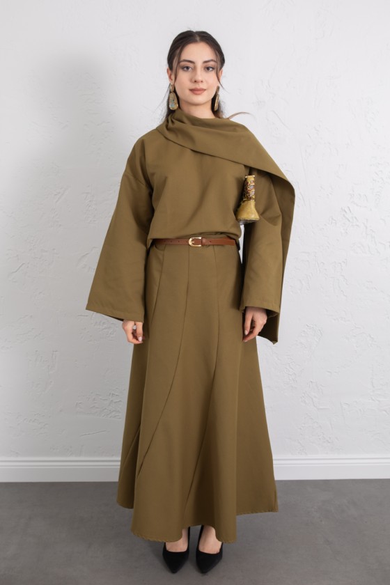 Şal Yaka Eteği Parçalı Takım 266013 - YAĞ YEŞİLİ