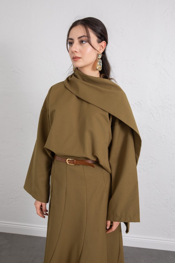 Şal Yaka Eteği Parçalı Takım 266013 - YAĞ YEŞİLİ Şal Yaka Eteği Parçalı Takım 266013 - YAĞ YEŞİLİ