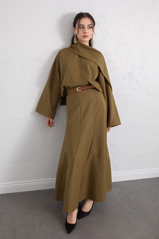 Şal Yaka Eteği Parçalı Takım 266013 - YAĞ YEŞİLİ Şal Yaka Eteği Parçalı Takım 266013 - YAĞ YEŞİLİ