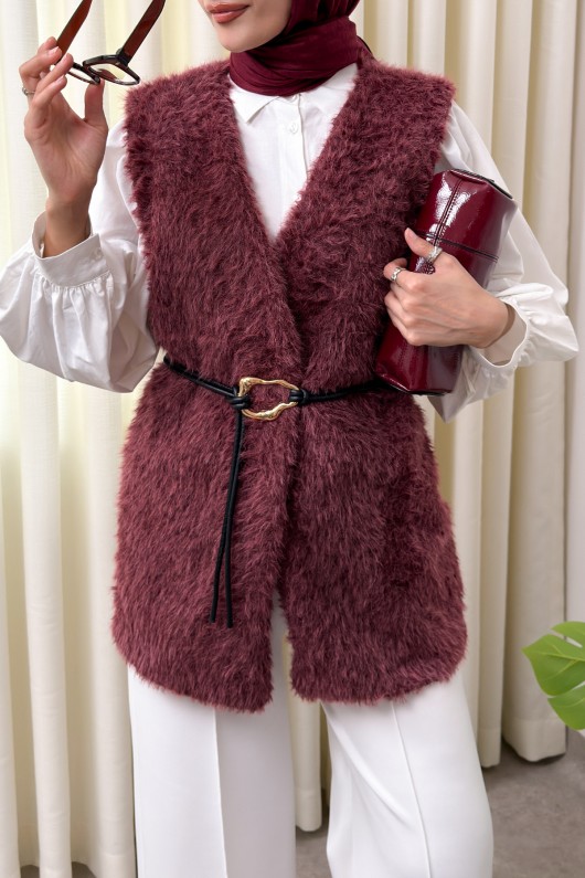 Kemerli Kürk Yelek 2910 - BORDO Kemerli Kürk Yelek 2910 - BORDO