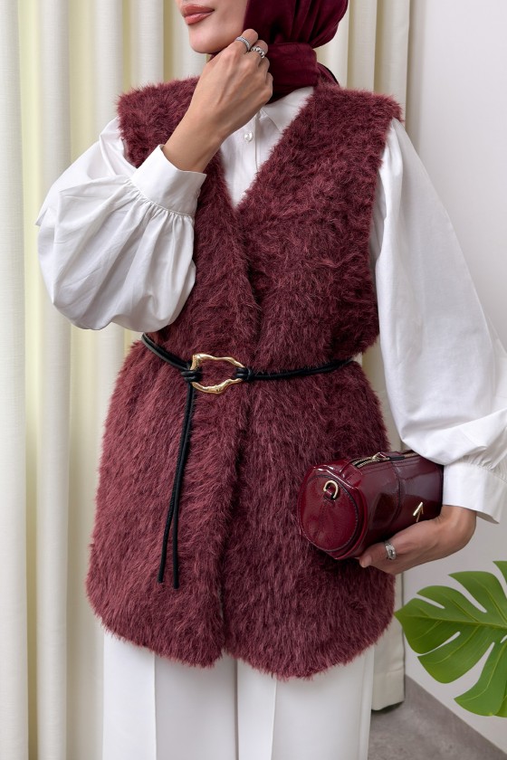 Kemerli Kürk Yelek 2910 - BORDO