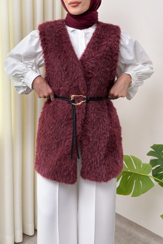 Kemerli Kürk Yelek 2910 - BORDO Kemerli Kürk Yelek 2910 - BORDO