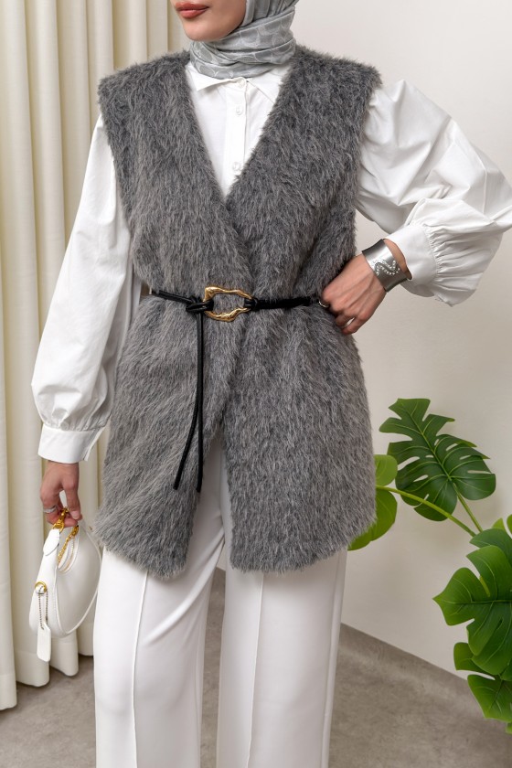 Kemerli Kürk Yelek 2910 - GRİ