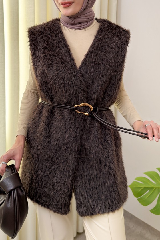 Kemerli Kürk Yelek 2910 - KAHVERENGİ