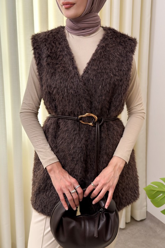 Kemerli Kürk Yelek 2910 - KAHVERENGİ