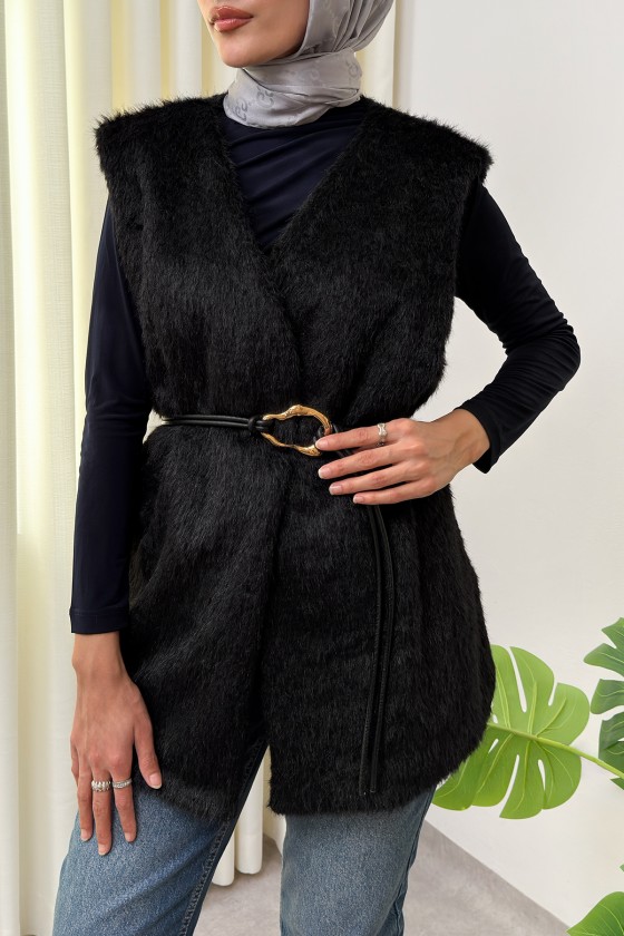 Kemerli Kürk Yelek 2910 - SİYAH