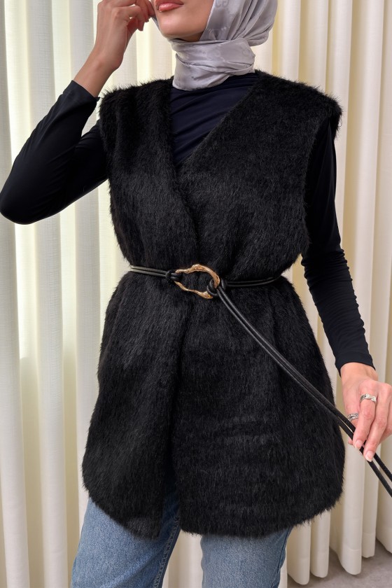 Kemerli Kürk Yelek 2910 - SİYAH