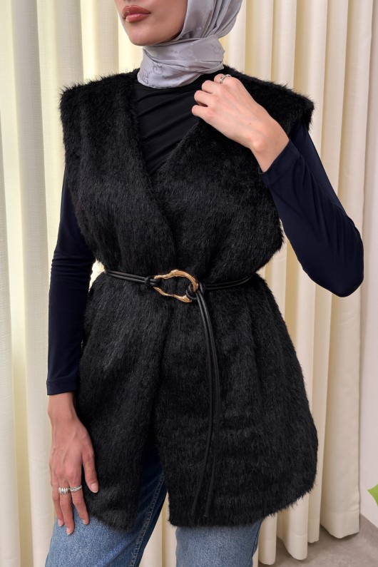 Kemerli Kürk Yelek 2910 - SİYAH Kemerli Kürk Yelek 2910 - SİYAH