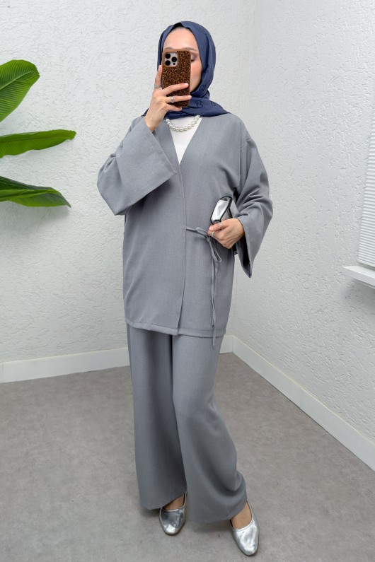 Yandan Bağlamalı Kimono Takım 3000 - GRİ Yandan Bağlamalı Kimono Takım 3000 - GRİ