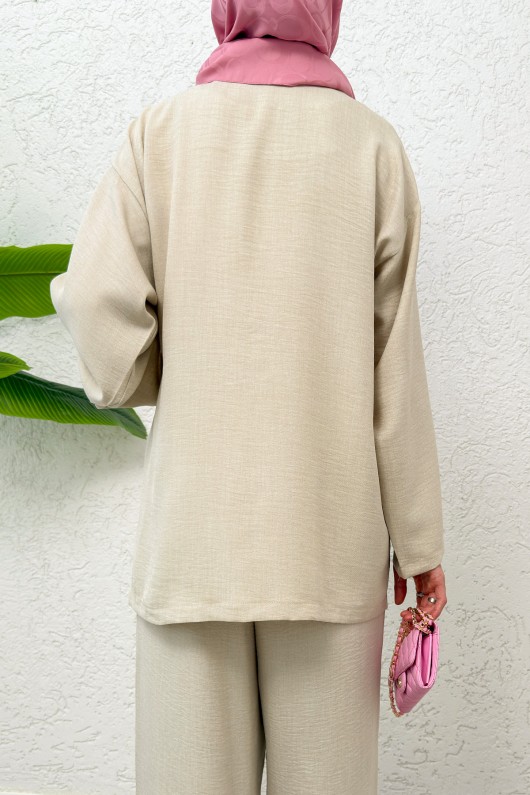 Yandan Bağlamalı Kimono Takım 3000 - TAŞ RENGİ Yandan Bağlamalı Kimono Takım 3000 - TAŞ RENGİ