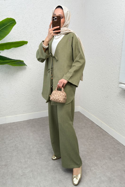 Ön Bağcıklı Kimono Takım 3007 - AÇIK HAKİ