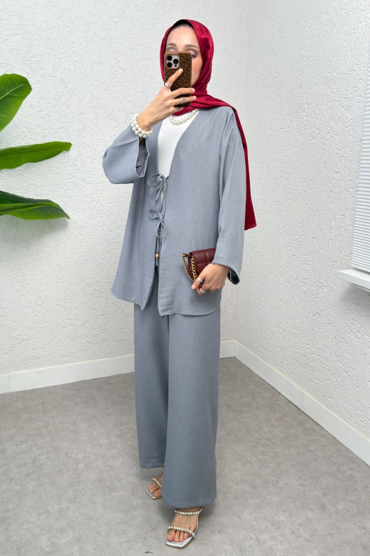 Ön Bağcıklı Kimono Takım 3007 - GRİ Ön Bağcıklı Kimono Takım 3007 - GRİ