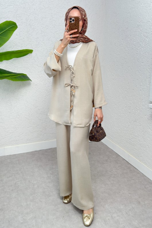 Ön Bağcıklı Kimono Takım 3007 - TAŞ RENGİ