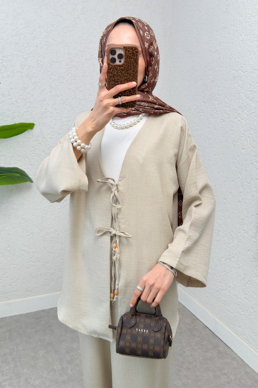 Ön Bağcıklı Kimono Takım 3007 - TAŞ RENGİ