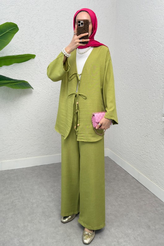 Ön Bağcıklı Kimono Takım 3007 - YAĞ YEŞİLİ