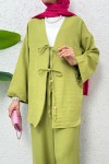 Ön Bağcıklı Kimono Takım 3007 - YAĞ YEŞİLİ