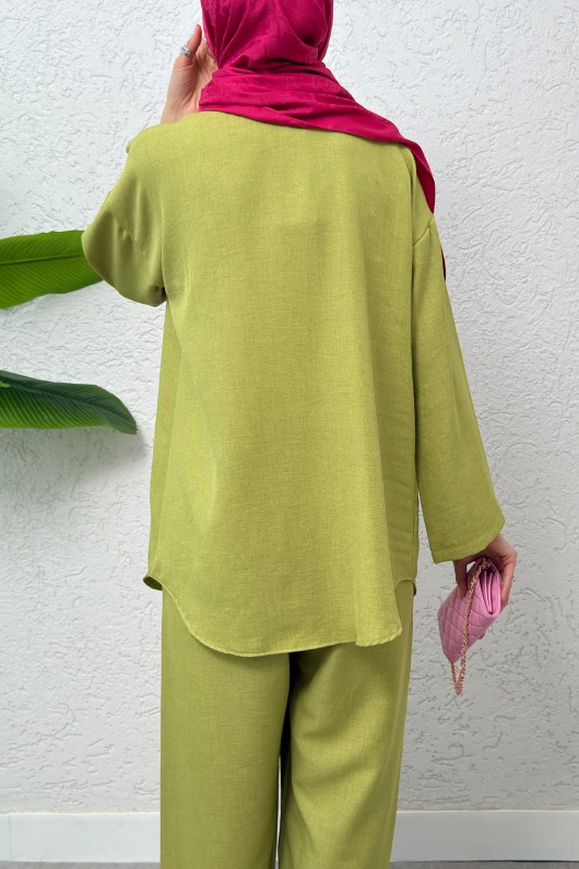 Ön Bağcıklı Kimono Takım 3007 - YAĞ YEŞİLİ