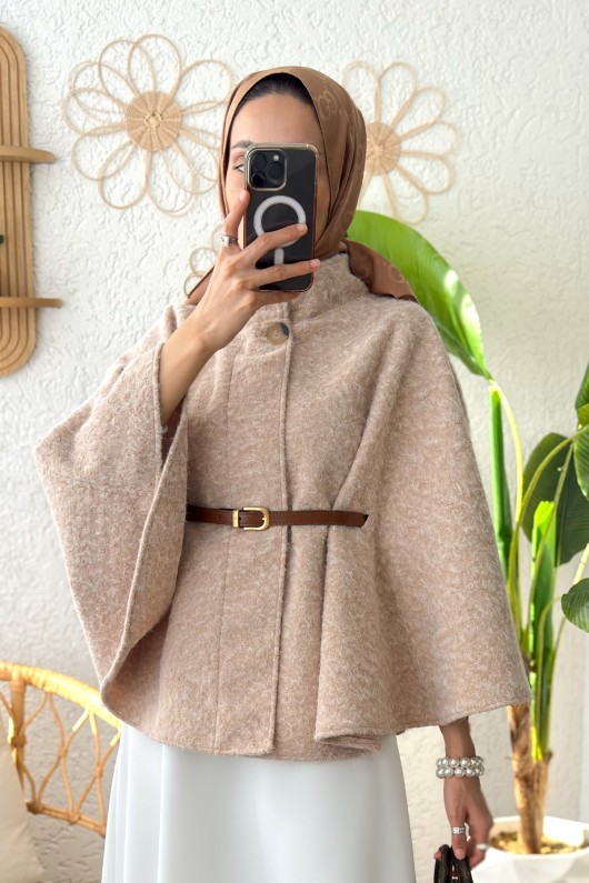 Kemerli Tesettür Panço 3021 - TAŞ RENGİ Kemerli Tesettür Panço 3021 - TAŞ RENGİ