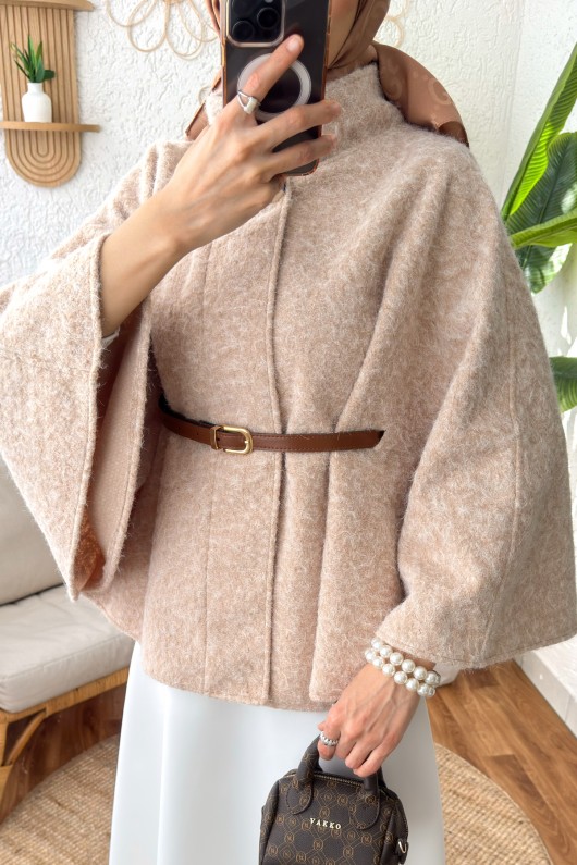 Kemerli Tesettür Panço 3021 - TAŞ RENGİ Kemerli Tesettür Panço 3021 - TAŞ RENGİ