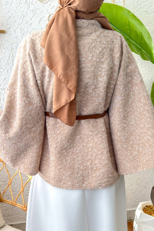 Kemerli Tesettür Panço 3021 - TAŞ RENGİ Kemerli Tesettür Panço 3021 - TAŞ RENGİ