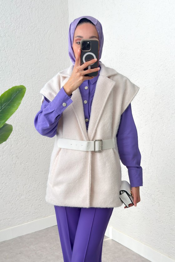 Sabit Kemerli Keçe Yelek 3031 - KREM