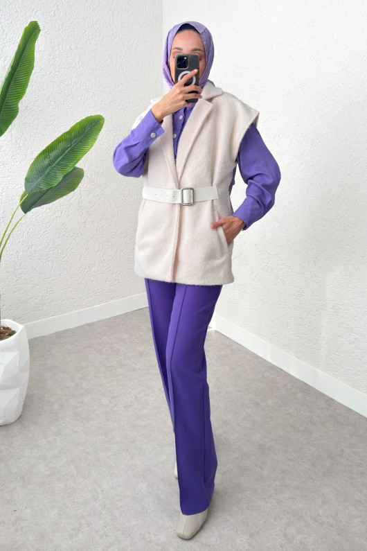 Sabit Kemerli Keçe Yelek 3031 - KREM Sabit Kemerli Keçe Yelek 3031 - KREM