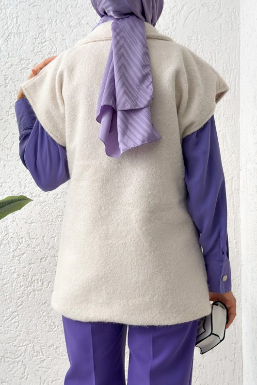 Sabit Kemerli Keçe Yelek 3031 - KREM Sabit Kemerli Keçe Yelek 3031 - KREM