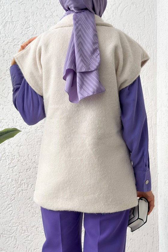 Sabit Kemerli Keçe Yelek 3031 - KREM