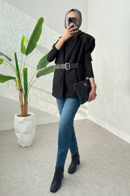 Sabit Kemerli Keçe Yelek 3031 - SİYAH