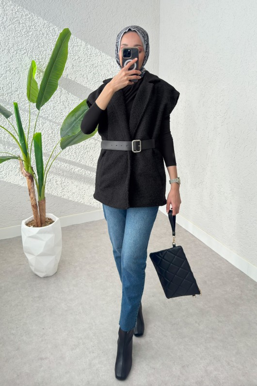 Sabit Kemerli Keçe Yelek 3031 - SİYAH