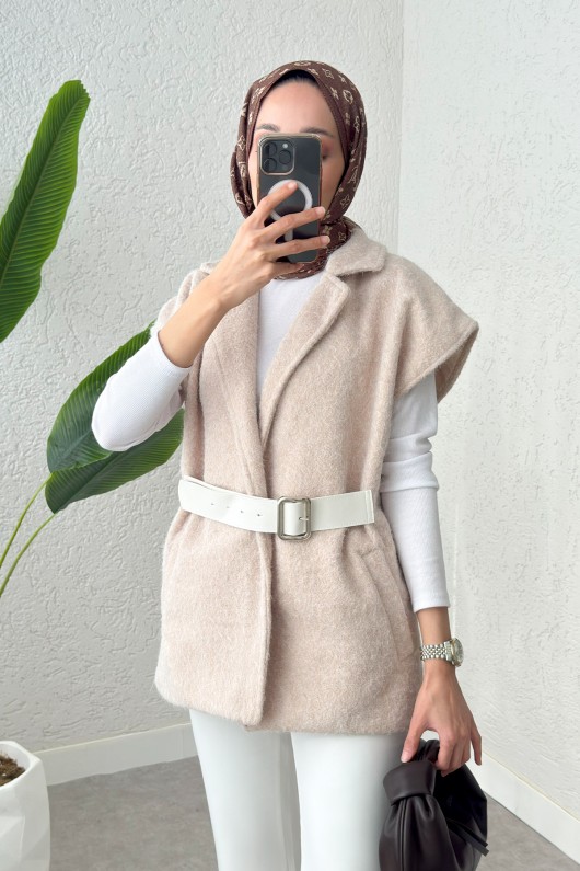 Sabit Kemerli Keçe Yelek 3031 - TAŞ RENGİ