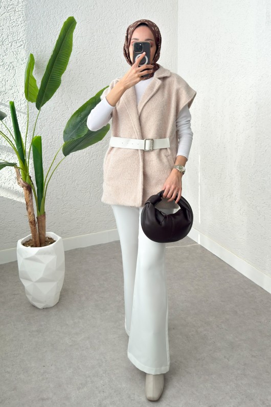 Sabit Kemerli Keçe Yelek 3031 - TAŞ RENGİ