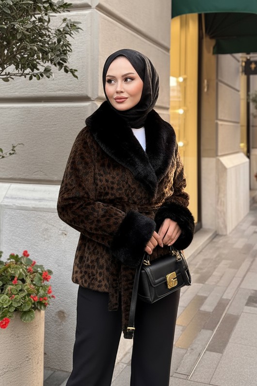 Kürk Yaka Leoparlı Kaban 3032 - KOYU KAHVERENGİ