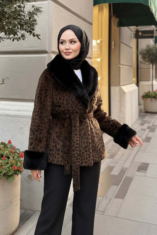 Kürk Yaka Leoparlı Kaban 3032 - KOYU KAHVERENGİ
