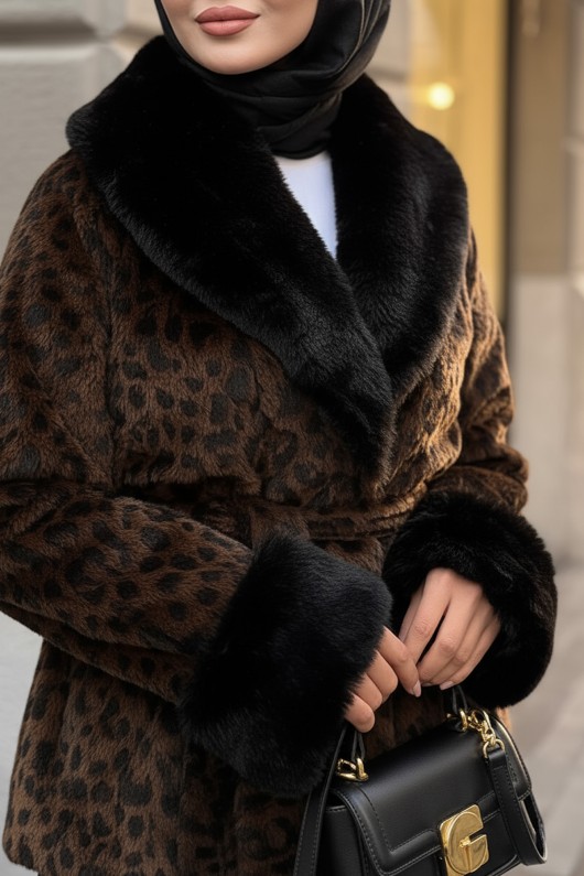 Kürk Yaka Leoparlı Kaban 3032 - KOYU KAHVERENGİ