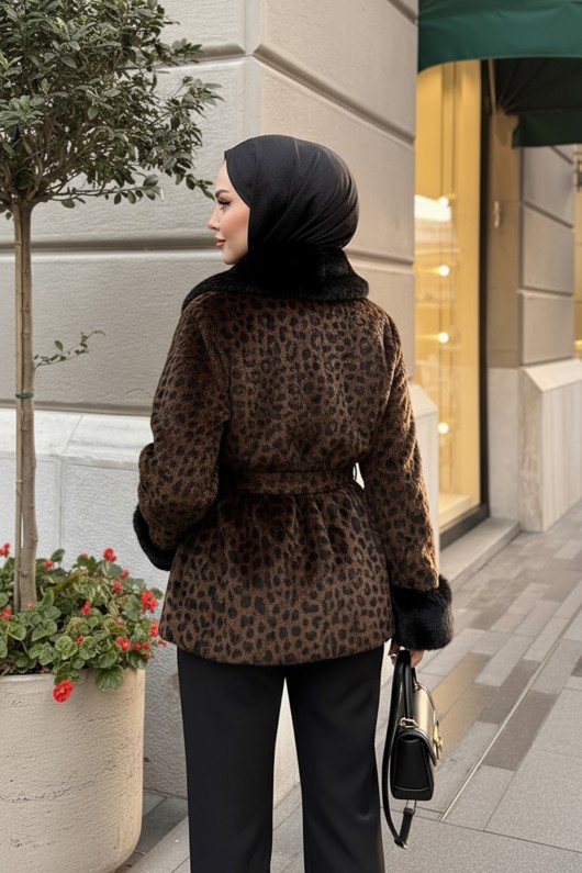 Kürk Yaka Leoparlı Kaban 3032 - KOYU KAHVERENGİ