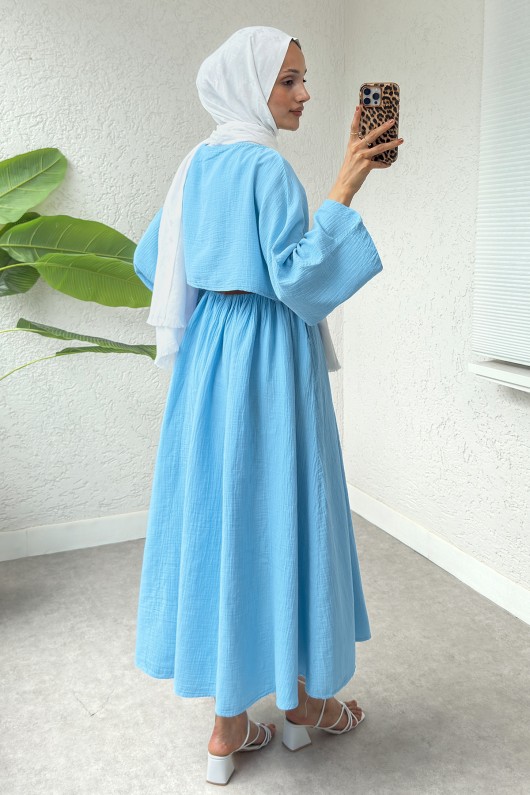 Kloş Etekli Keten Takım 31287 - BEBE MAVİSİ