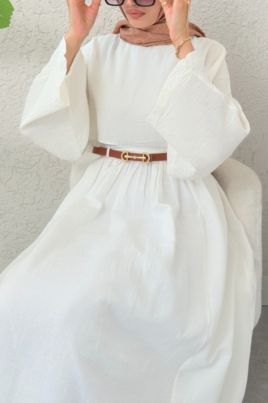 Kloş Etekli Keten Takım 31287 - BEYAZ