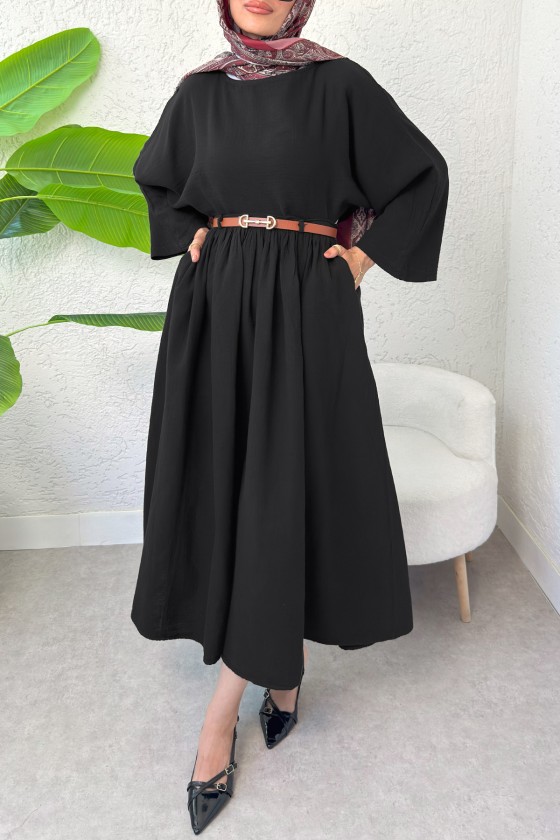 Kloş Etekli Keten Takım 31287 - SİYAH