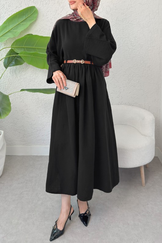 Kloş Etekli Keten Takım 31287 - SİYAH