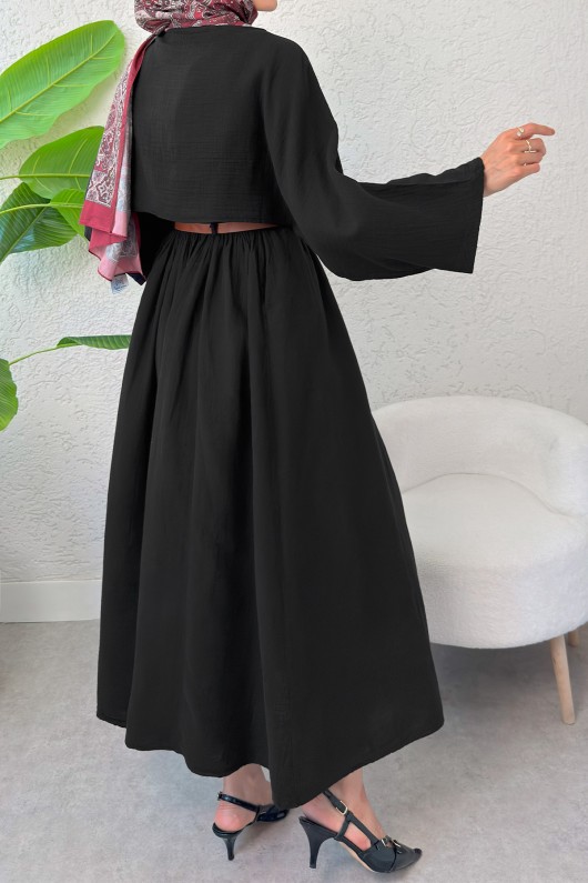 Kloş Etekli Keten Takım 31287 - SİYAH