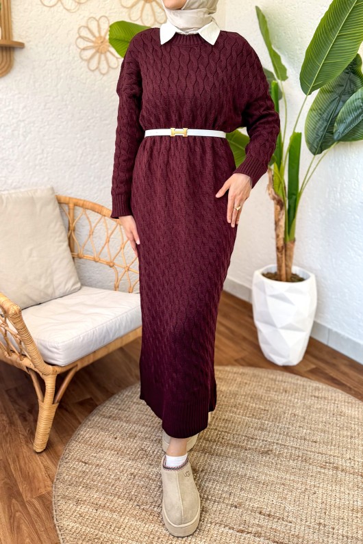 Saç Örgülü Triko Elbise 3320 - BORDO