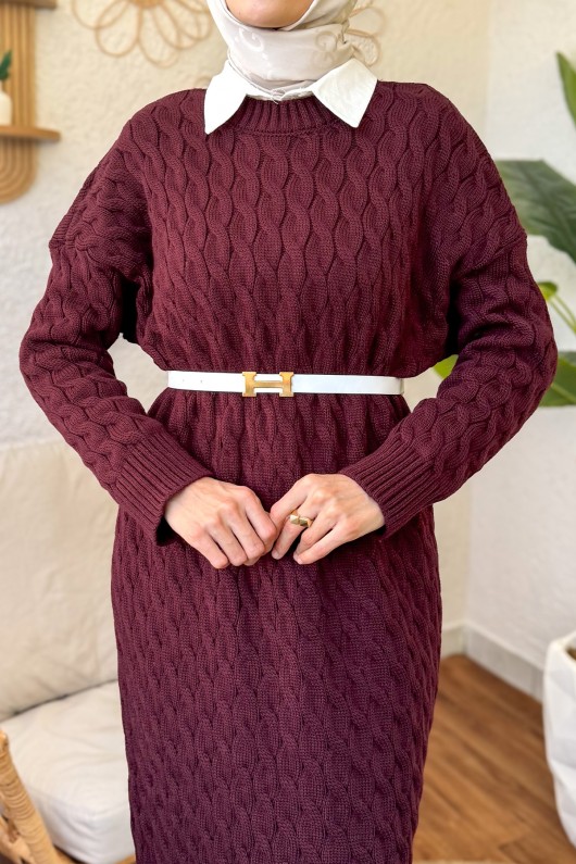 Saç Örgülü Triko Elbise 3320 - BORDO