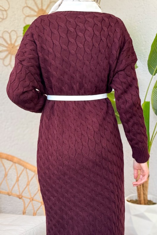 Saç Örgülü Triko Elbise 3320 - BORDO