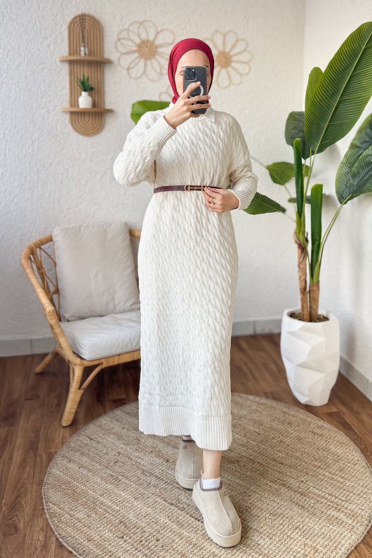 Saç Örgülü Triko Elbise 3320 - KREM