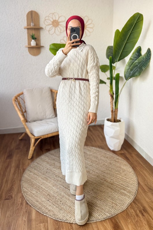 Saç Örgülü Triko Elbise 3320 - KREM