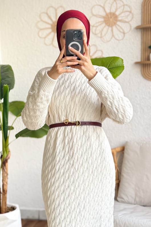 Saç Örgülü Triko Elbise 3320 - KREM