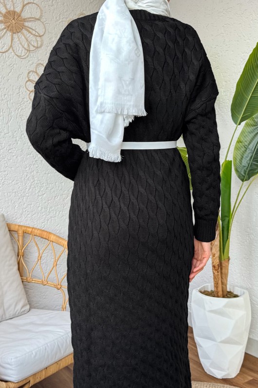 Saç Örgülü Triko Elbise 3320 - SİYAH