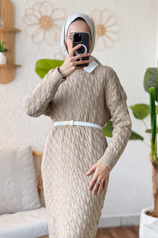 Saç Örgülü Triko Elbise 3320 - VİZON